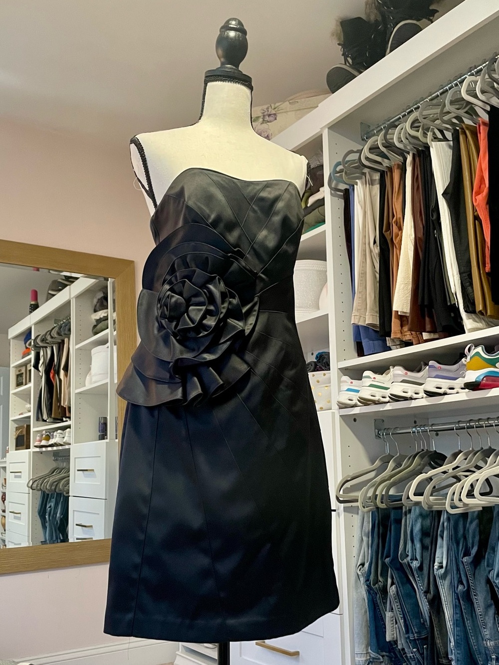 White House Black Market Black Strapless Cocktail Dress with Rosette Waist